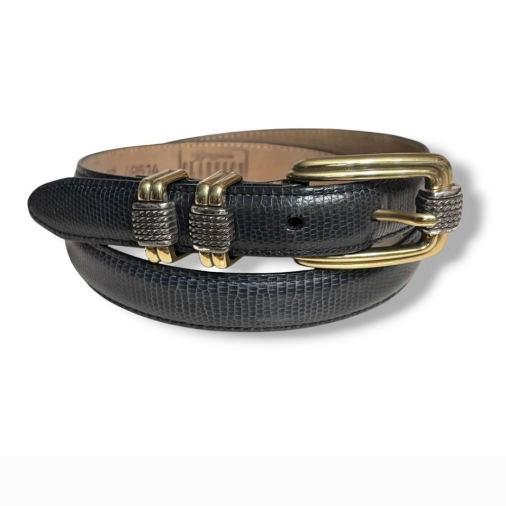 BRIGHTON Grey Reptile Embossed Leather Belt Silver & Gold Twisted Buckle